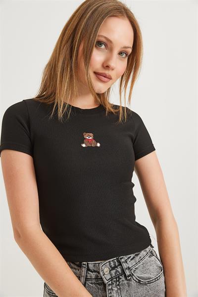 Ayıcık Nakışlı Esnek Crop Bluz Siyah