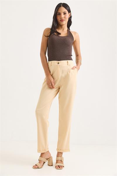 Beli Lastikli Katlı Paça Kadın Pantolon Krem