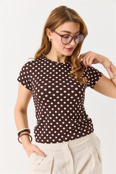 Kadın Puantiyeli Bisiklet Yaka Kısa Kollu Bluz Kahverengi