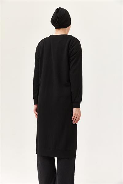 Düğmeli Triko Uzun Hırka Siyah
