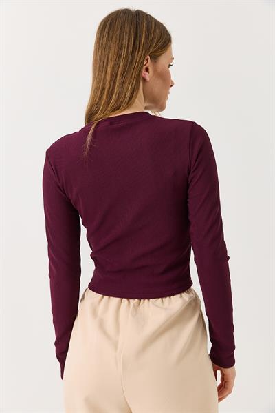 Kadın Yırtmaçlı Düğmeli Kaşkorse Uzun Kollu Bluz Bordo