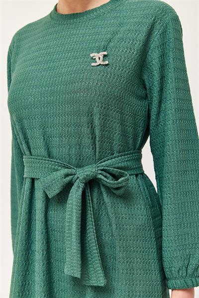 Kuşaklı Kat Keten Elbise Yeşil