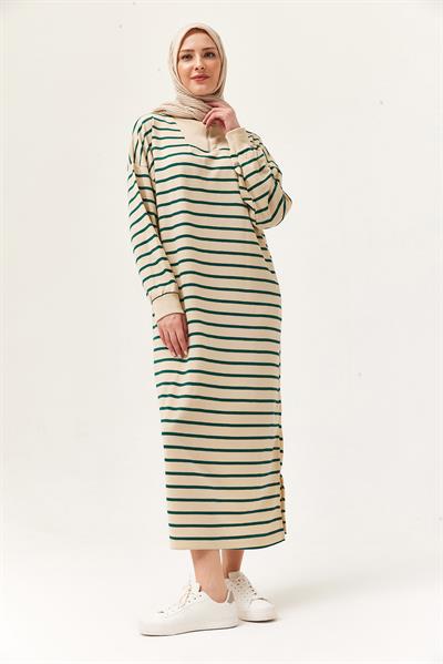 Yarım Fermuar Çizgili Uzun Elbise Yeşil