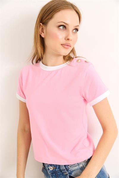 Bisiklet Yaka Kısa Kol Tshirt Pembe