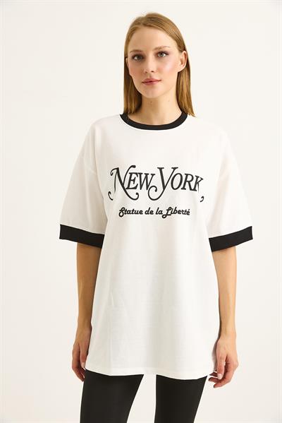 Kolları Garnili Baskılı  Oversize Kadın Tshirt
