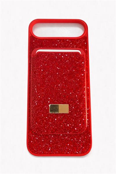 İphone 17 Air Uyumlu Parlak ve Taşlı Kart Bölümlü Kılıf Kırmızı