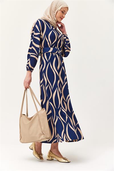 Kemerli Yarasa Kol Kemerli Elbise Lacivert