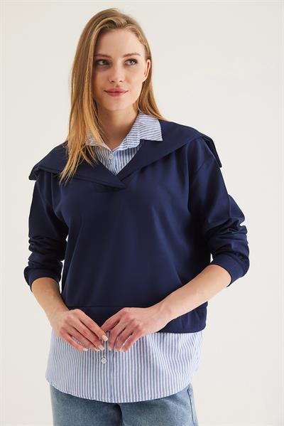 Modal Kumaş Gömlek Garnili Tunik Lacivert