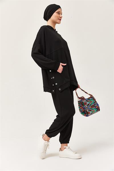 Çıtçıt Detay Kapüşonlu İkili Takım Siyah