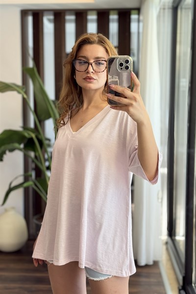 Kadın V Yaka Oversize Salaş Tshirt Lila