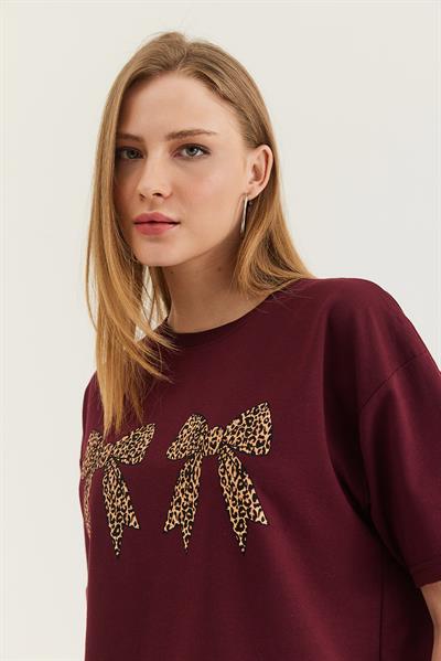 Kurdele Baskı Detaylı Basic Tshirt Bordo