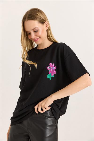 Baskılı Bisiklet Yaka Basic Tshirt Siyah