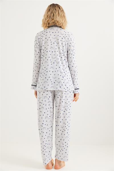 Düğmeli Uzun Kollu Pijama Takımı Gri