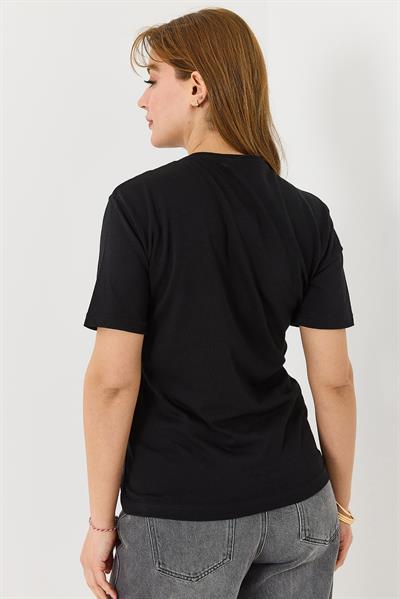 Kadın Kalp Baskılı Bisiklet Yaka Tshirt Siyah