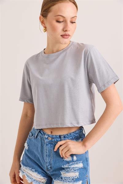 Rahat Kalıp Pamuk Örme Crop Tshirt Gri