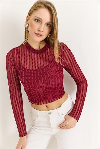 Kadın İkili İçi Askılı Crop Uzun Kollu Şifon Bluz Bordo