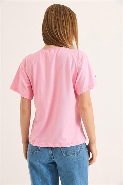 Fiyonk Detaylı Fit Pamuk Tshirt Pembe