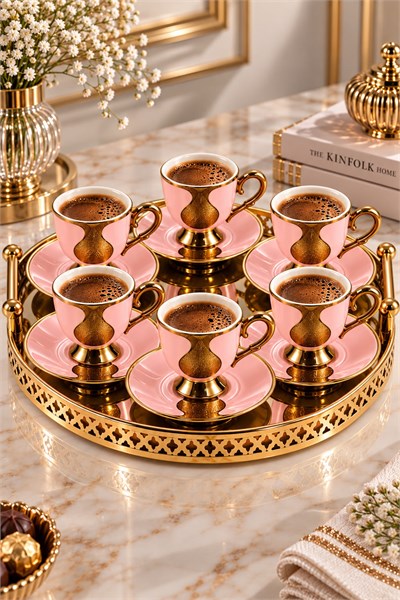 6lı Gold Damla Desenli Fincan Takımı Pembe