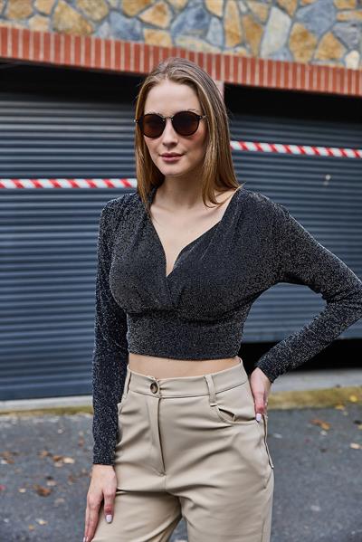 Kadın Kruvaze Yaka Simli Parlak Fit Crop Bluz