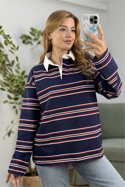 Kadın Çizgili Polo Yaka Sweatshirt Lacivert