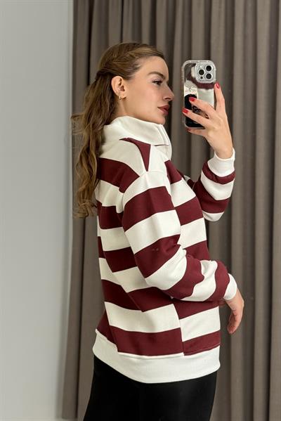 Kadın Balıkçı Yaka Çizgili Üç İplik İçi Şardonlu Kışlık Sweatshırt Bordo