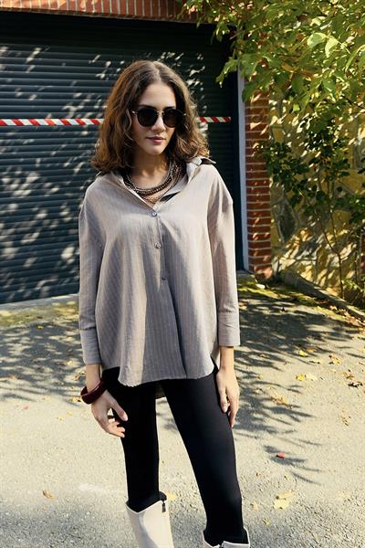 Kadın Çizgili Oversize Saten Süet Yumuşak Dokulu Gömlek Vizon