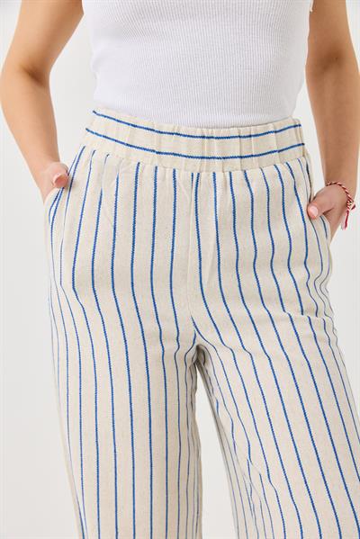 Çizgi Desenli Bol Paçalı Keten Pantolon Mavi