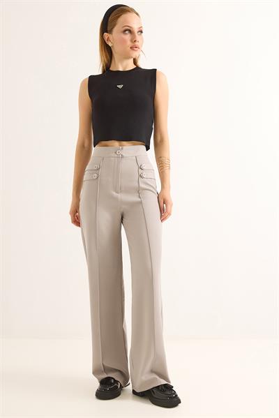 Düğme Detaylı Yüksel Bel Bol Paça Pantolon Gri