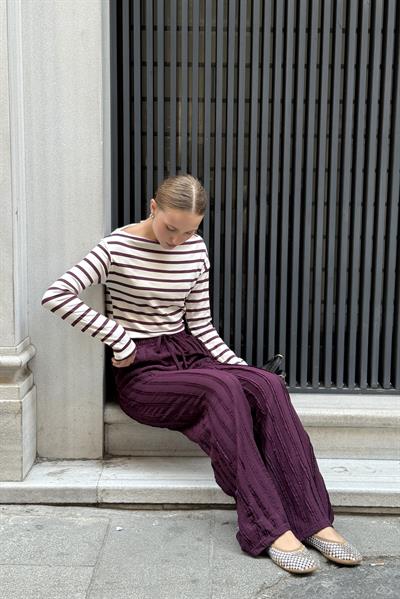 Geniş Paça Pileli Belden Bağlamalı Pantlon Mürdüm