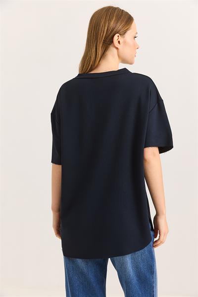 V Yaka Arkası Uzun Basic Tshirt Lacivert