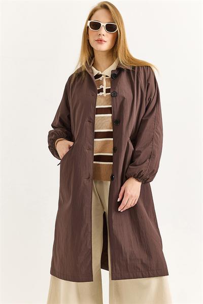 Oversize Hafif Modern Düğmeli Trençkot Kahverengi