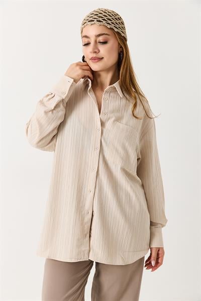 Kadın Oversize Müslin Kumaş Basic Gömlek Taş