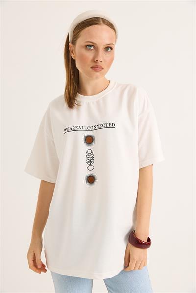 Bisiklet Yaka Kısa Kol Baskılı Tshirt Beyaz