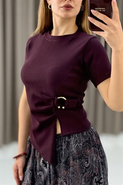 Kadın Yan Tokalı Asimetrik Kesim Kakorse Kısa Kollu Bluz  Mürdüm