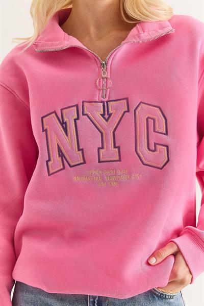 Nyc Nakışlı Fermuar Detaylı Dik Yaka Oversize Sweatshirt Pembe