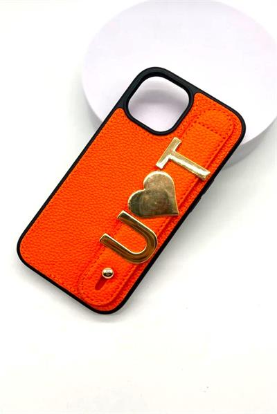 İphone 16 Pro  Uyumlu  Charmlı ve Harfli Deri Kılıf Turuncu
