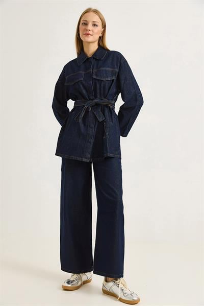 Kadın Kuşaklı  Kot Ceket ve Pantalon Takım Lacivert