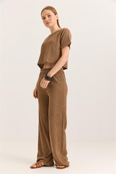 Bürümcük Kumaş İkili Crop Takım Taba