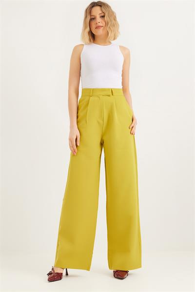 Kancalı Yüksek Bel Salaş Palazzo Pantolon Yağ Yeşili