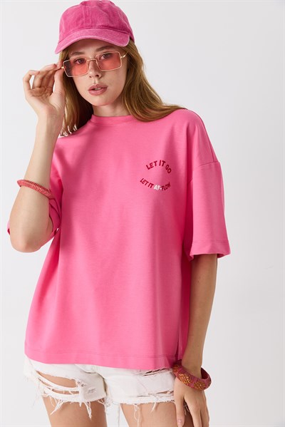 Kadın Bisiklet Yaka Yazı Baskılı Kısa Kollu Tshirt Pembe