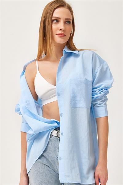 Oversize Cepli Poplin Gömlek Mavi