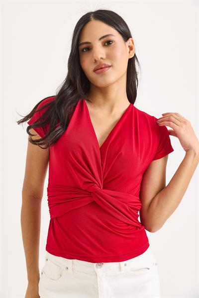 Kruvaze Yaka Çarpaz Bağlama Detaylı Bluz Kırmızı