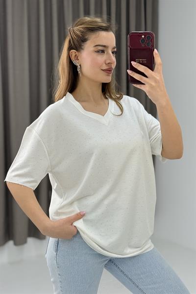V Yaka Taşlı Yarım Kol T-shirt Beyaz
