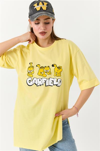 Kadın Garfield Baskılı Yanları Yırtmaçlı Bisiklet Yaka Tshirt Sarı