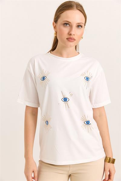 Göz İşlemeli Yumuşak Dokulu Tşhirt Beyaz