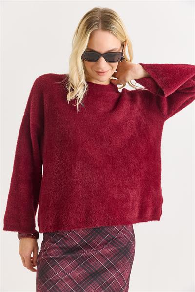 Kadın Bisiklet Yaka Oversize Yumuşak Tüylü Bordo