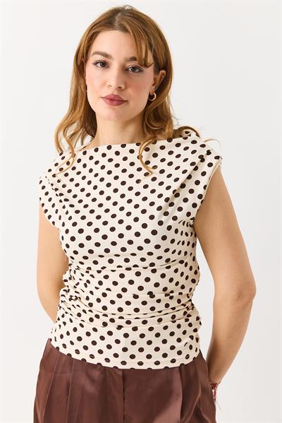 Kadın Omuz Ve Beli Büzgülü Puantiyeli Bluz Beyaz