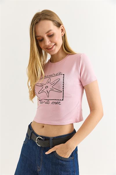 Deniz Yıldızı Baskılı Bisiklet Yaka Crop Pembe