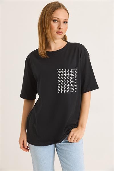 Bisiklet Yaka Taş Detaylı Cepli Tshirt Siyah