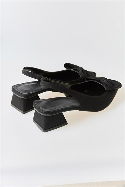 Kadın Kalın Topuk Fiyonklu Sling-Back Ayakkabı Siyah